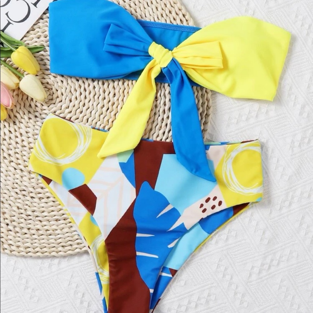 Blue, Yellow, & Brown Strapless Bikini